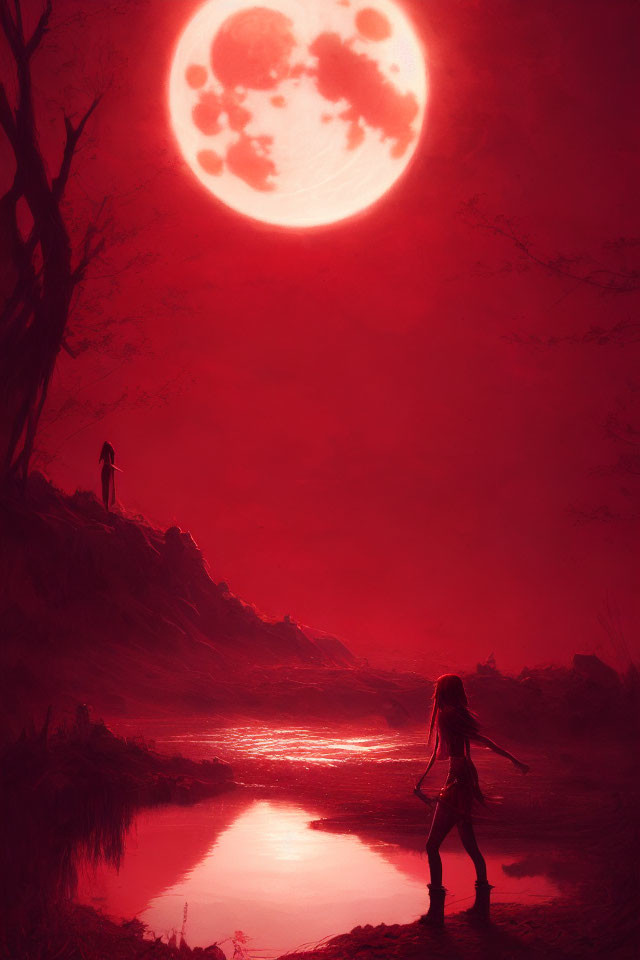 Red moonlit landscape with silhouettes by water and hill