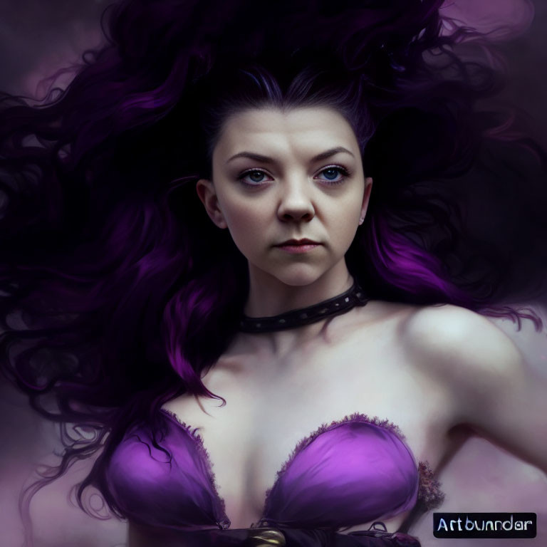 Digital artwork: Woman with purple hair and blue eyes, choker, purple top, misty backdrop