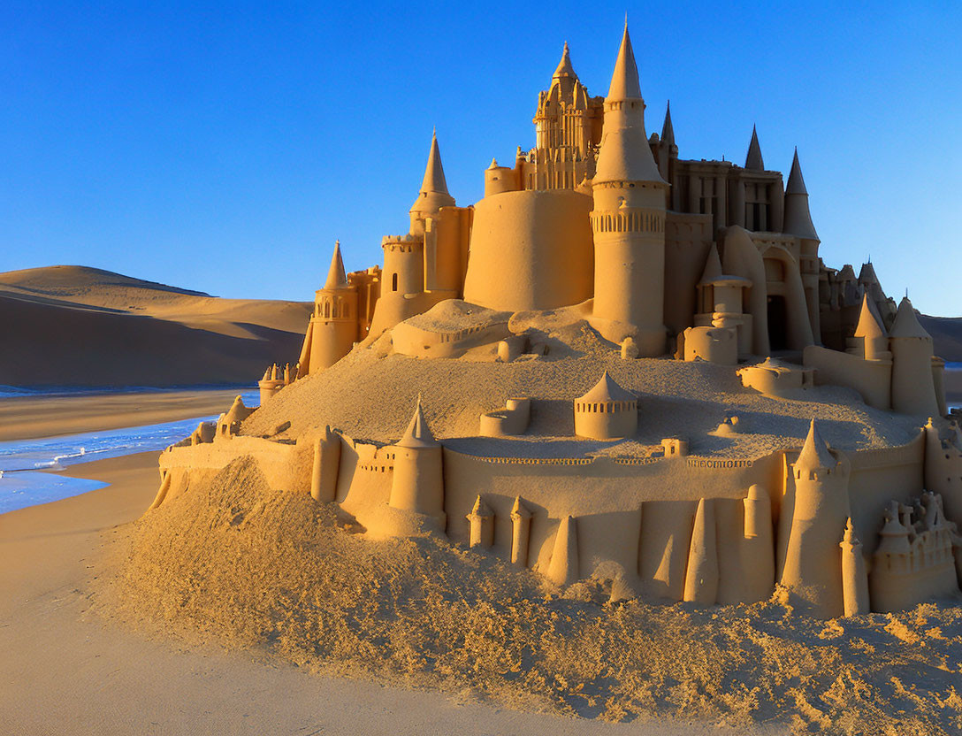 Detailed sandcastle with towers and turrets in desert landscape