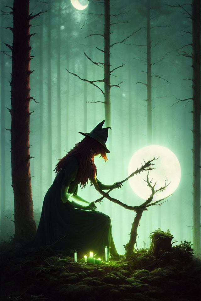 Mystical forest scene with witch, broom, candles, full moon, green aura