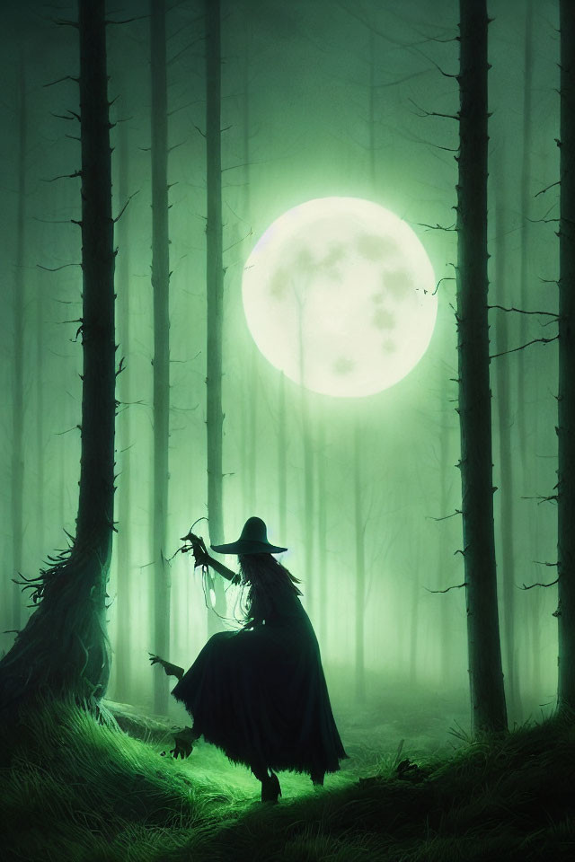 Silhouetted figure in hat in misty forest under glowing moon