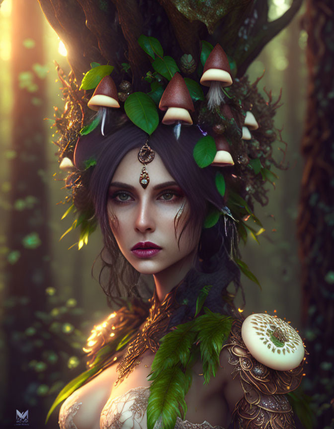 Fantasy portrait of woman with mushroom and foliage adornments in enchanted forest