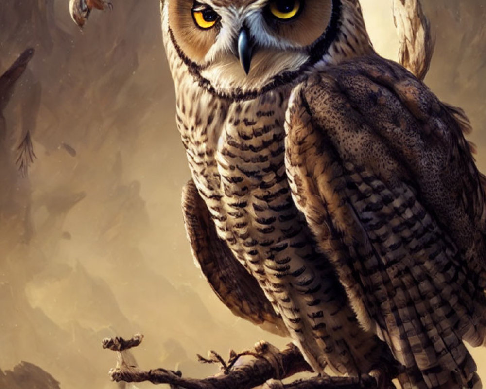 Detailed Illustration of Majestic Owl Perched on Branch