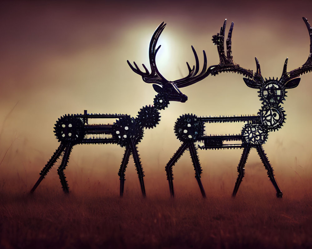 Mechanical deer silhouettes against evening sky with crescent moon