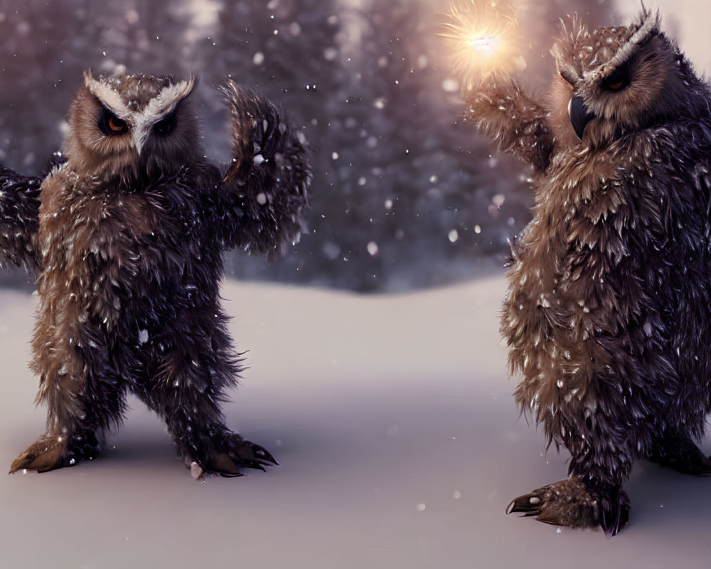 Anthropomorphic owls in snowy landscape with glowing light, under soft snowfall