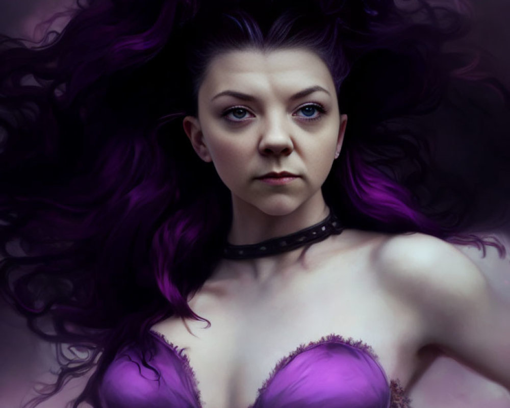 Digital artwork: Woman with purple hair and blue eyes, choker, purple top, misty backdrop