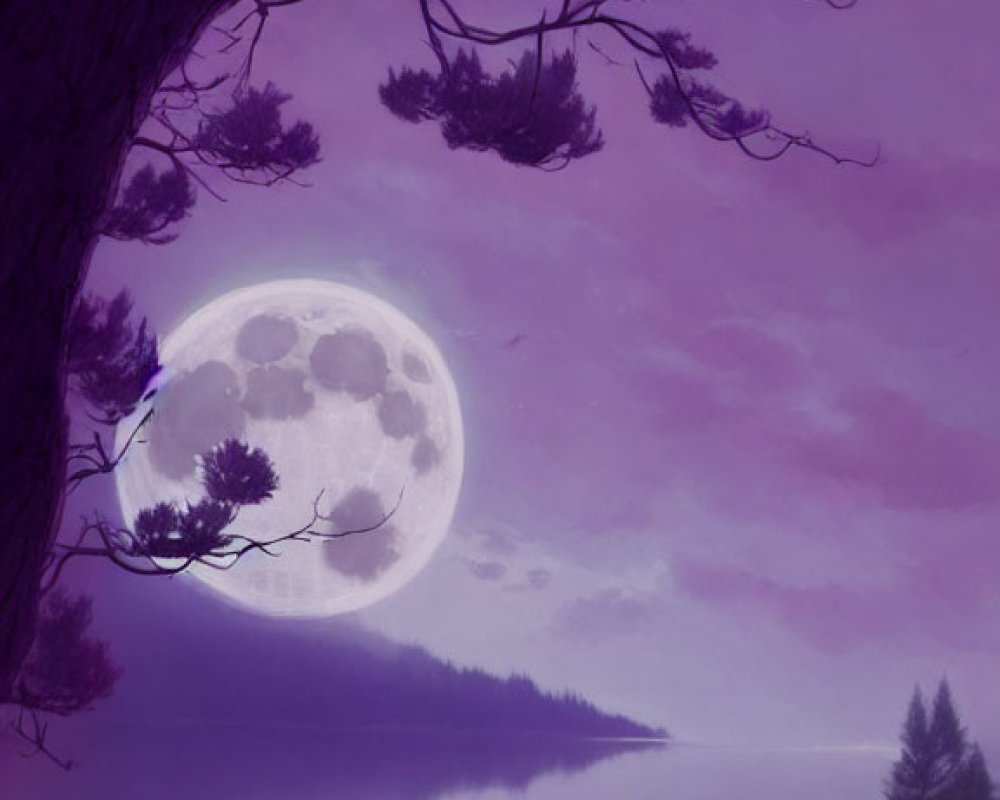 Serene lake scene with moon, tree silhouettes, and purple sky.