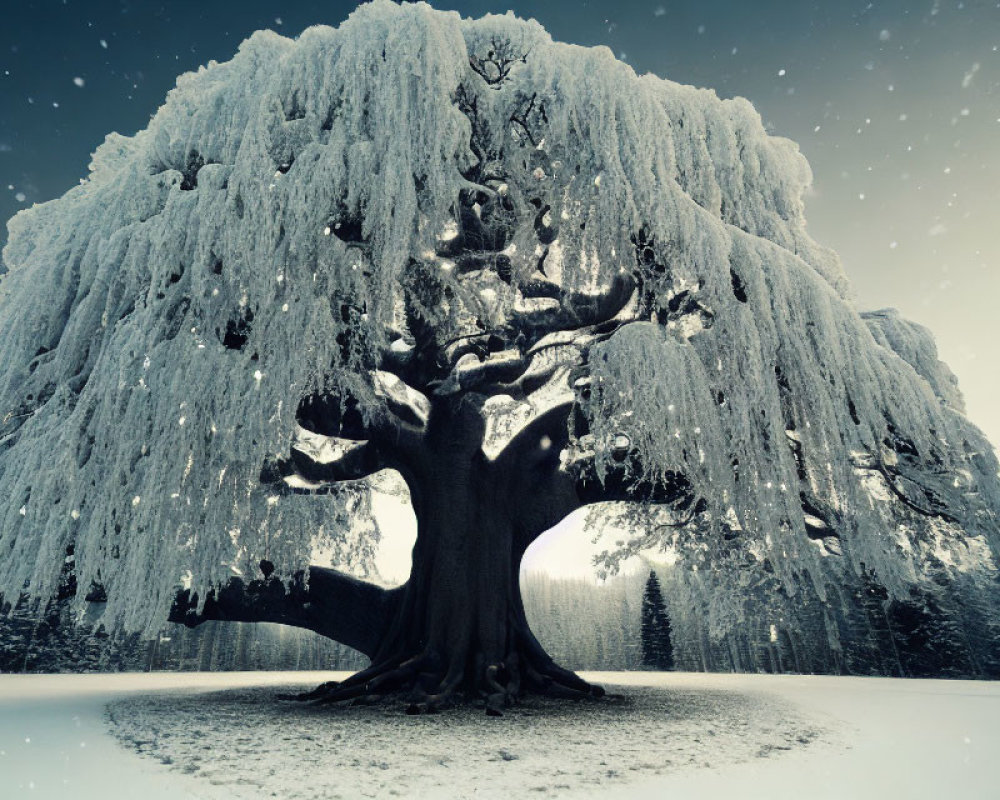 Snow-covered weeping willow tree in serene winter landscape