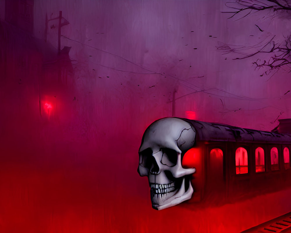 Skull Overlaps Train Illustration in Eerie Setting