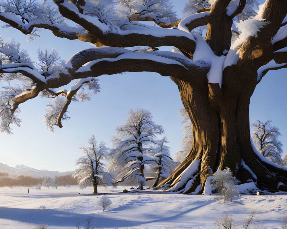 Snow-covered tree in serene snowy landscape under warm sunlight