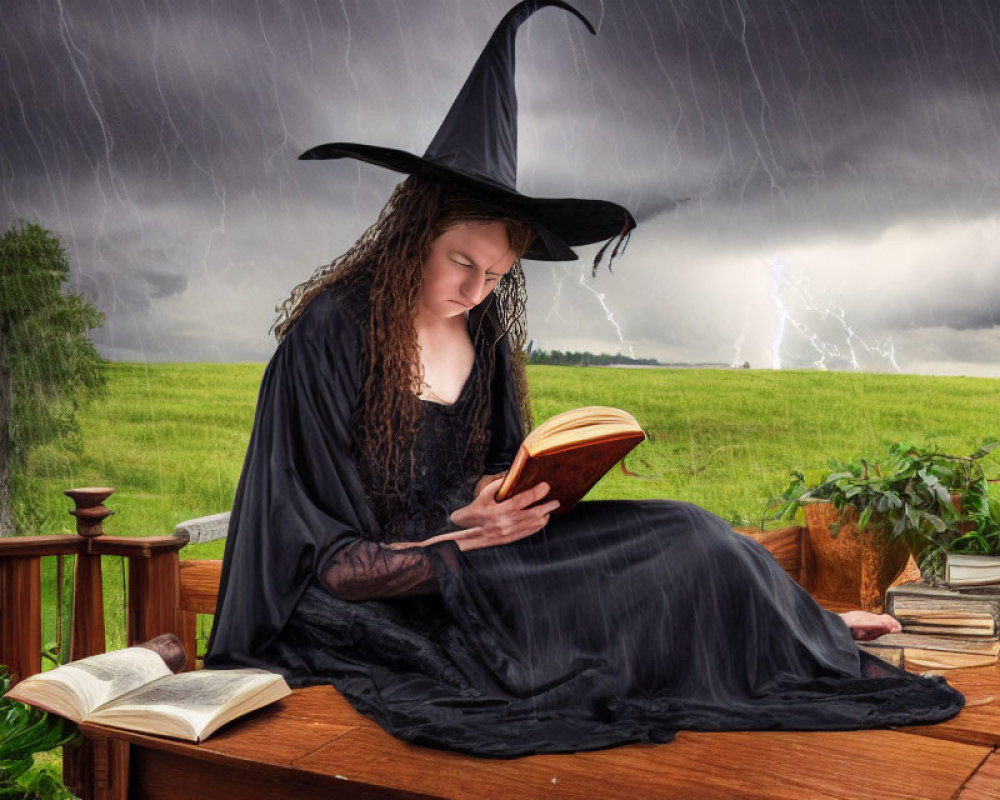 Person in witch costume reading book outdoors during storm.