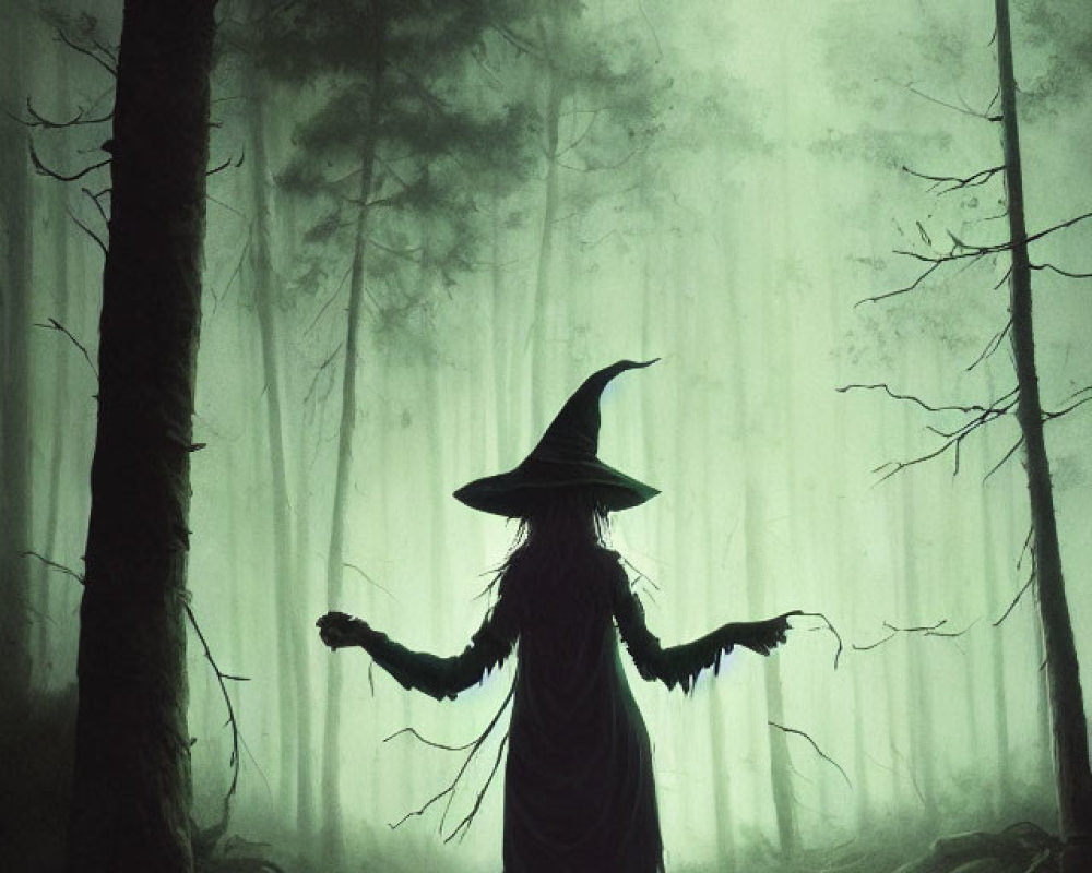 Mysterious figure in witch's hat in moonlit forest with fire