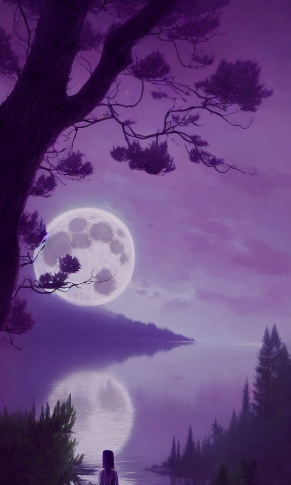 Serene lake scene with moon, tree silhouettes, and purple sky.