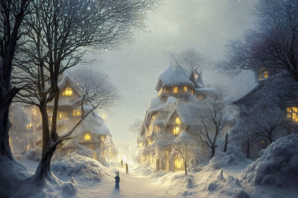 Snowy village scene: dusk, warmly lit windows, heavy snowfall, solitary figure under streetlamp