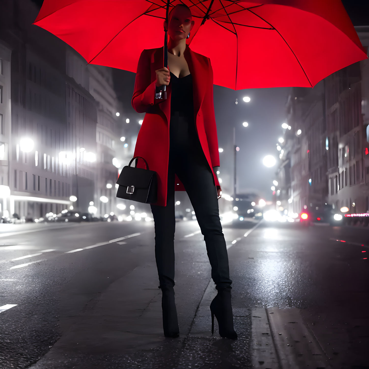 Person in red blazer with red umbrella on city street at night