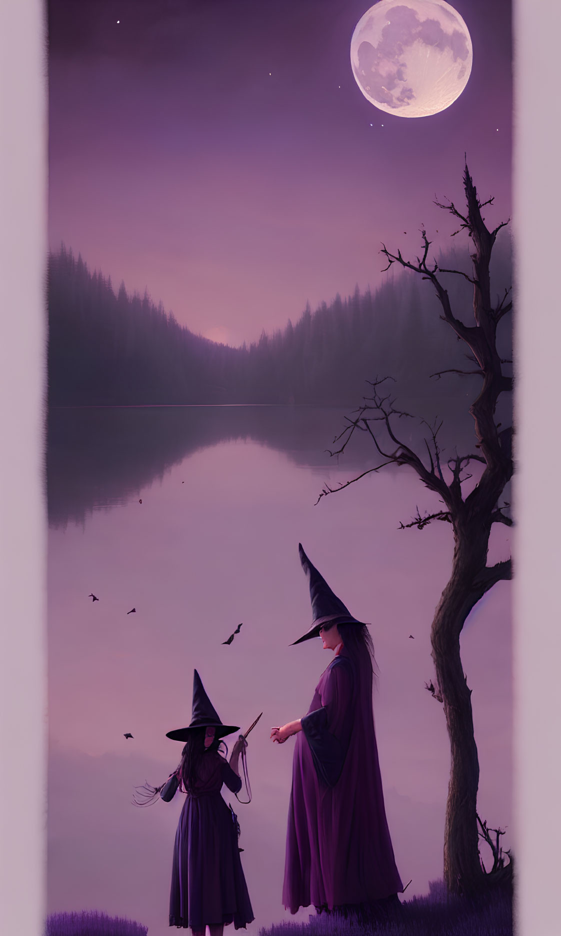 Two witches in purple robes by a lake under a full moon with birds and a barren tree.