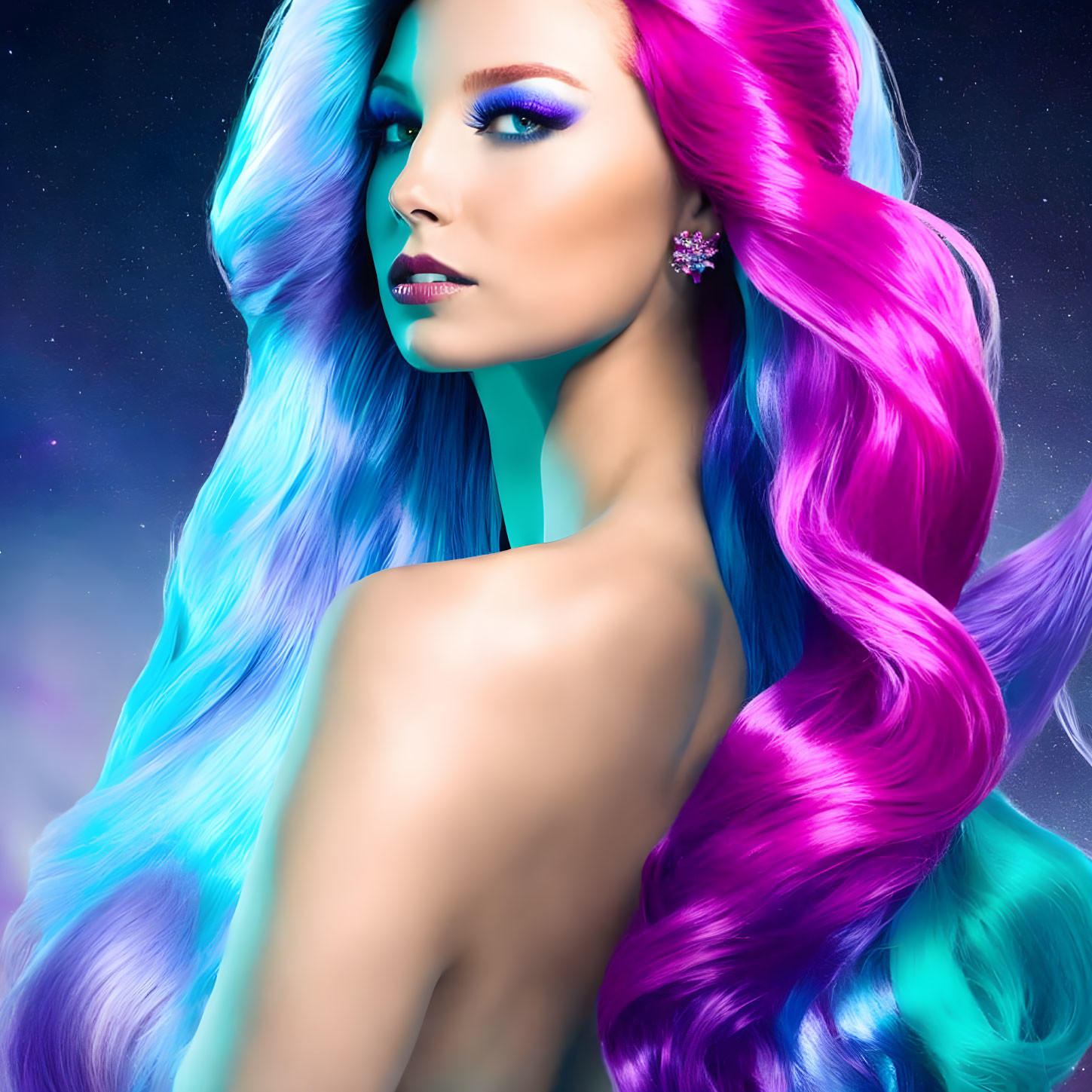 Vibrant multicolored hair woman with bold makeup on starry background