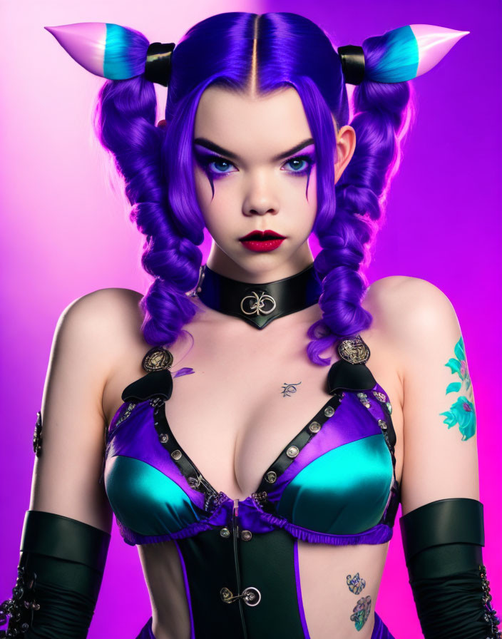 Stylized portrait of woman with vibrant purple hair, corset, tattoos, against purple backdrop