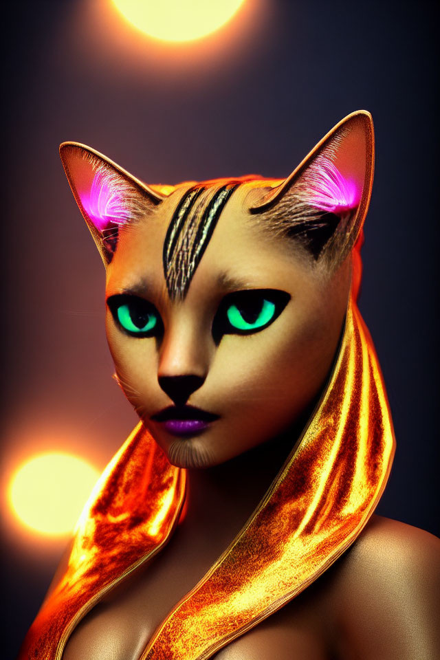 Surreal portrait of person with cat's head, green eyes, fur detail, golden scarf