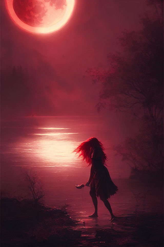 Silhouette of person with flowing hair by lakeside under red moon