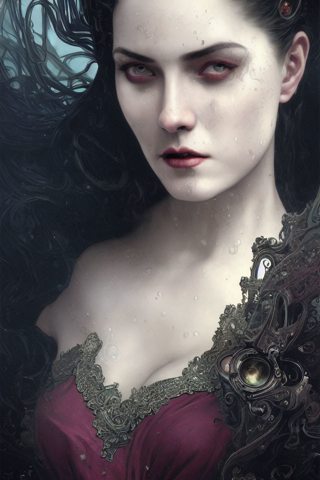 Pale woman with crimson eyes and lips in ornate dark attire against misty backdrop.