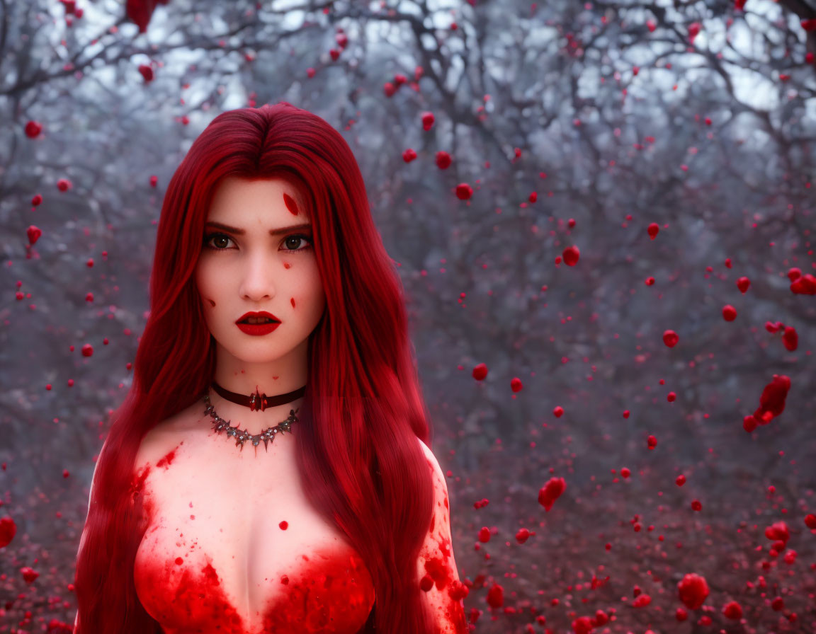 Striking red-haired woman in misty forest with red petals