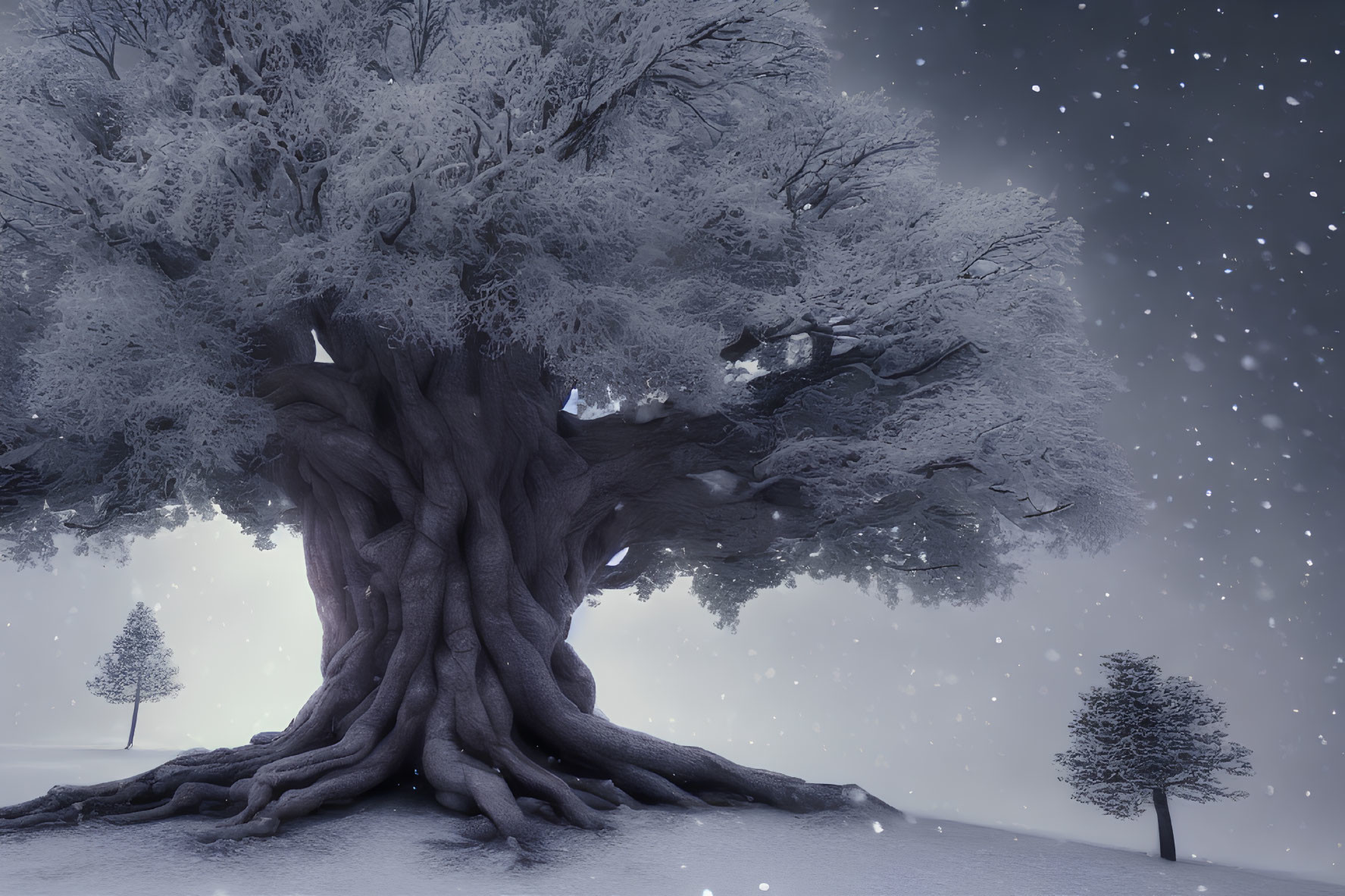 Ancient majestic tree in snow-covered landscape at night