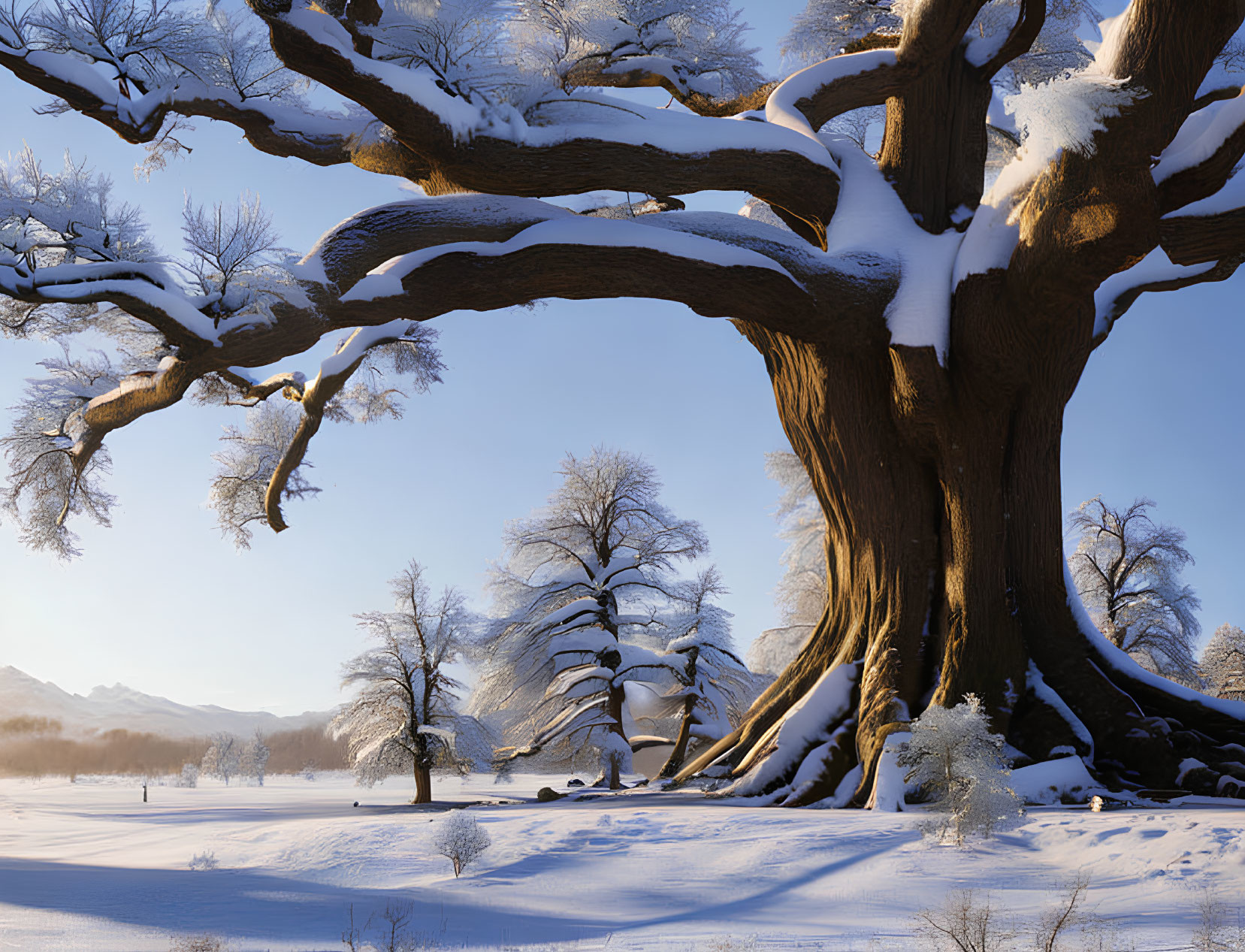 Snow-covered tree in serene snowy landscape under warm sunlight