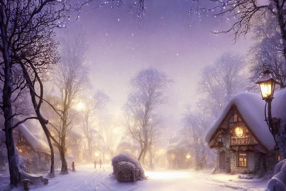 Snow-covered village with thatched-roof cottages and lit street lamps in dusk snowfall