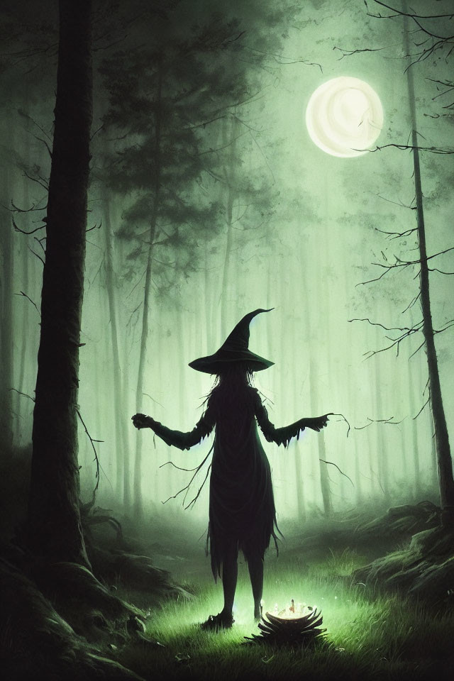 Mysterious figure in witch's hat in moonlit forest with fire