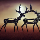 Mechanical deer silhouettes against evening sky with crescent moon