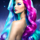 Vibrant multicolored hair woman with bold makeup on starry background