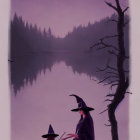 Two witches in purple robes by a lake under a full moon with birds and a barren tree.