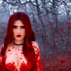 Striking red-haired woman in misty forest with red petals