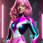 Smiling woman with pink hair in futuristic bodysuit on neon background