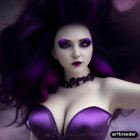 Digital artwork: Woman with purple hair and blue eyes, choker, purple top, misty backdrop