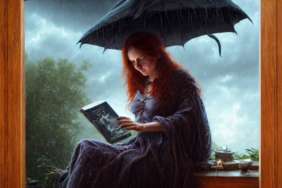 Red-haired woman reading book by rainy window under umbrella