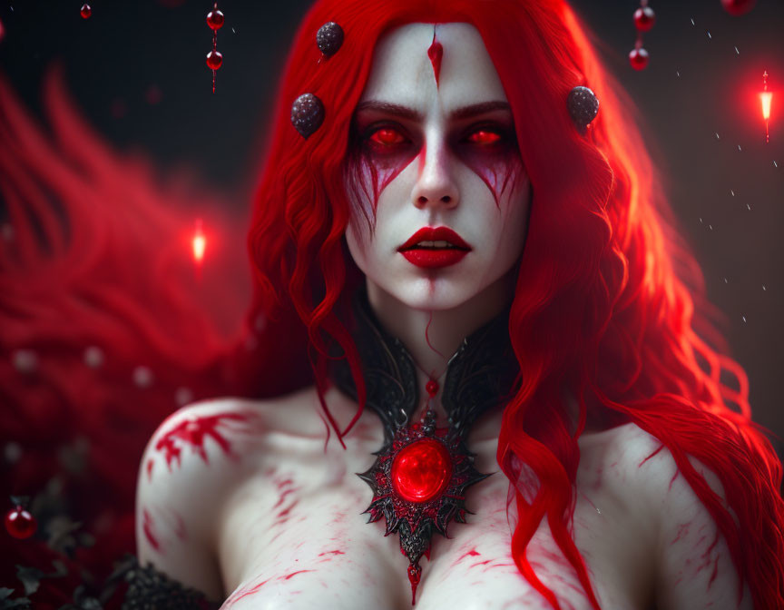 Red-haired fantasy character with mystical markings, red eyes, white skin, jewel necklace, and floating red