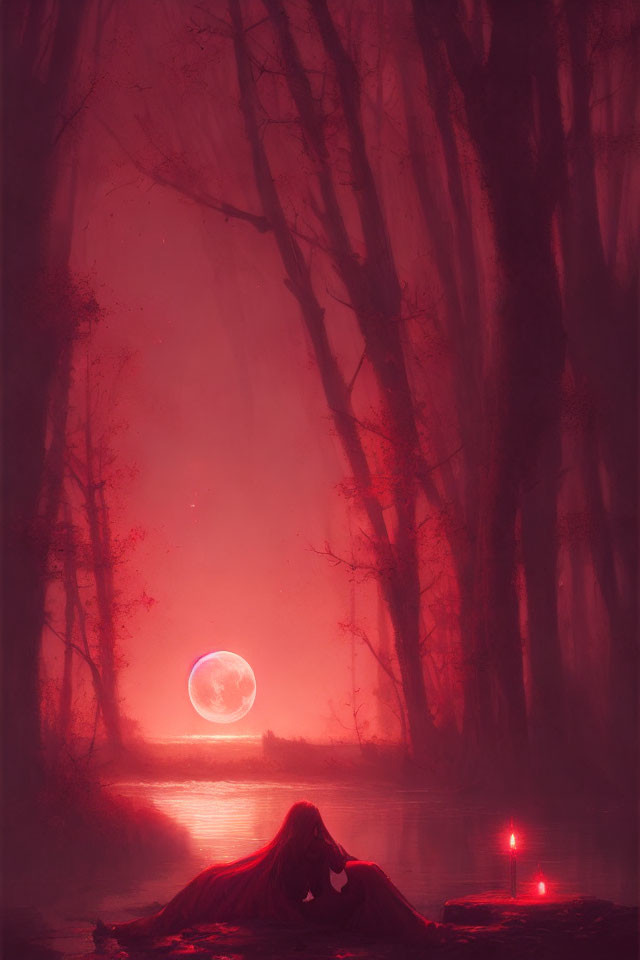 Mysterious figure with red candle under pinkish-red moon in mystical forest