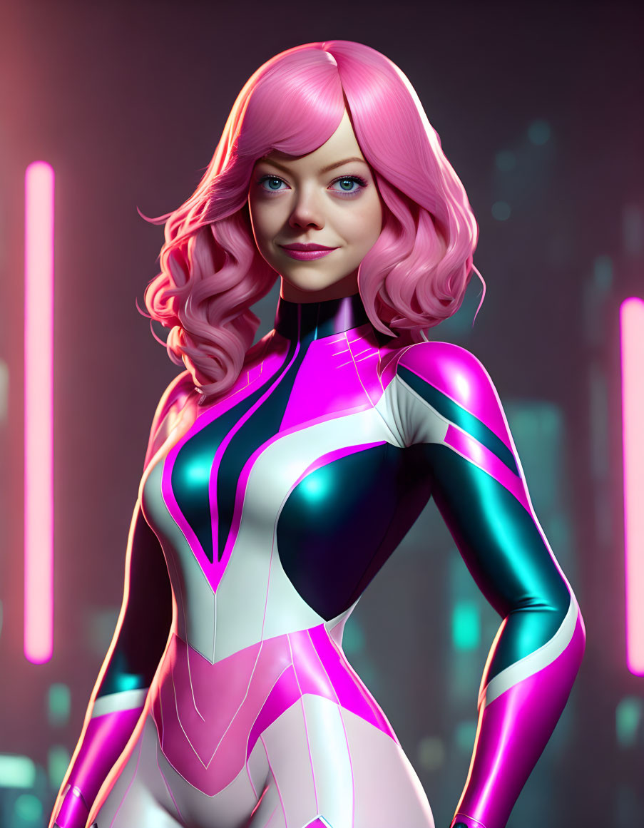 Smiling woman with pink hair in futuristic bodysuit on neon background