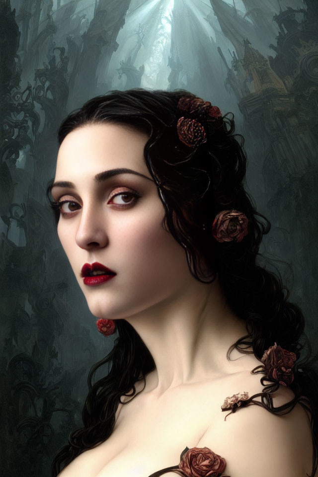 Portrait of woman with pale skin and dark hair adorned with red roses on gothic backdrop