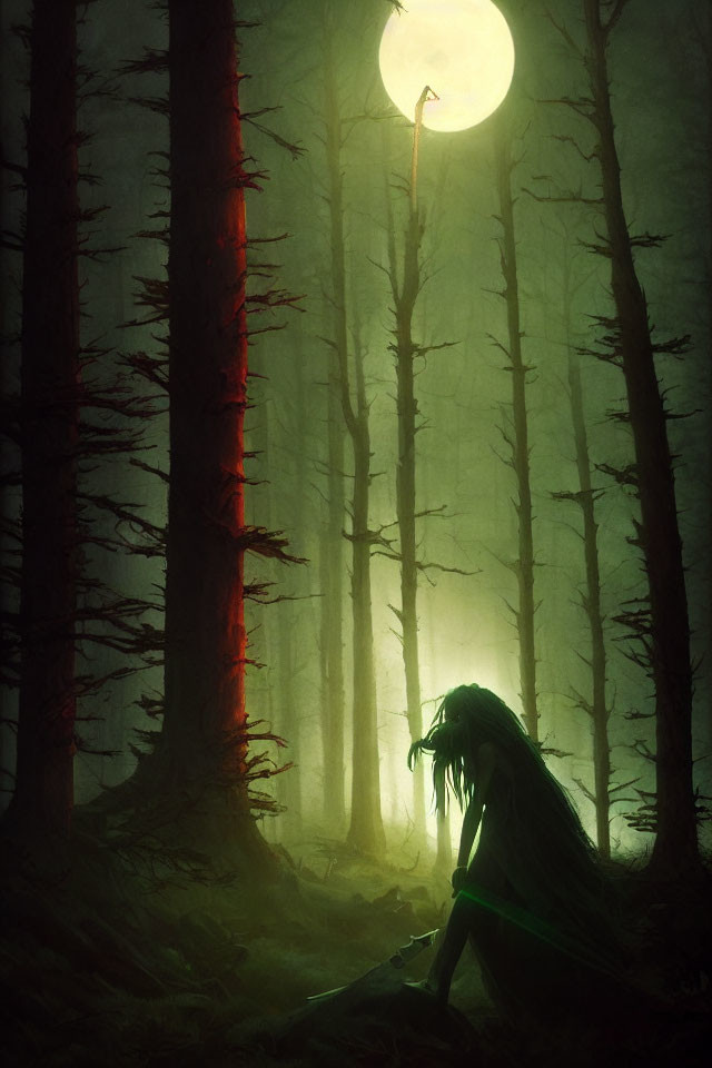 Mystical figure in green robes under full moon in misty forest