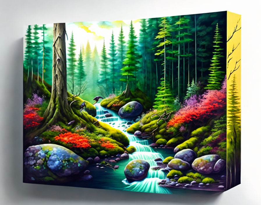 Colorful Forest Scene Painting with Stream and Flora on Gallery Wall