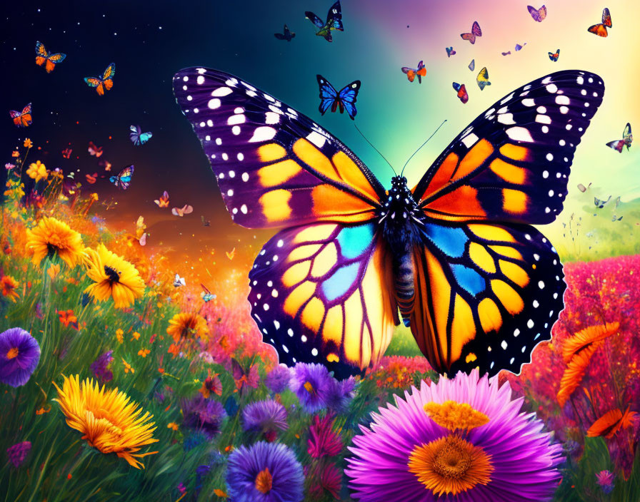 Colorful Butterfly Hovering Over Flowers at Sunset Sky