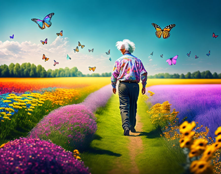 Elderly person walking on colorful path with flowers and butterflies