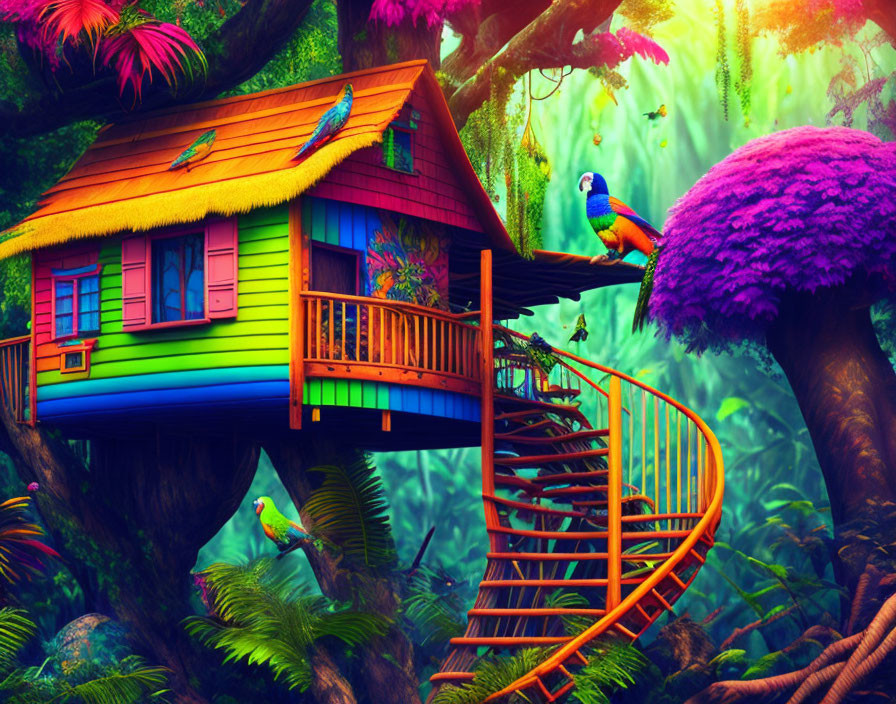 Colorful Treehouse in Lush Jungle with Spiral Staircase