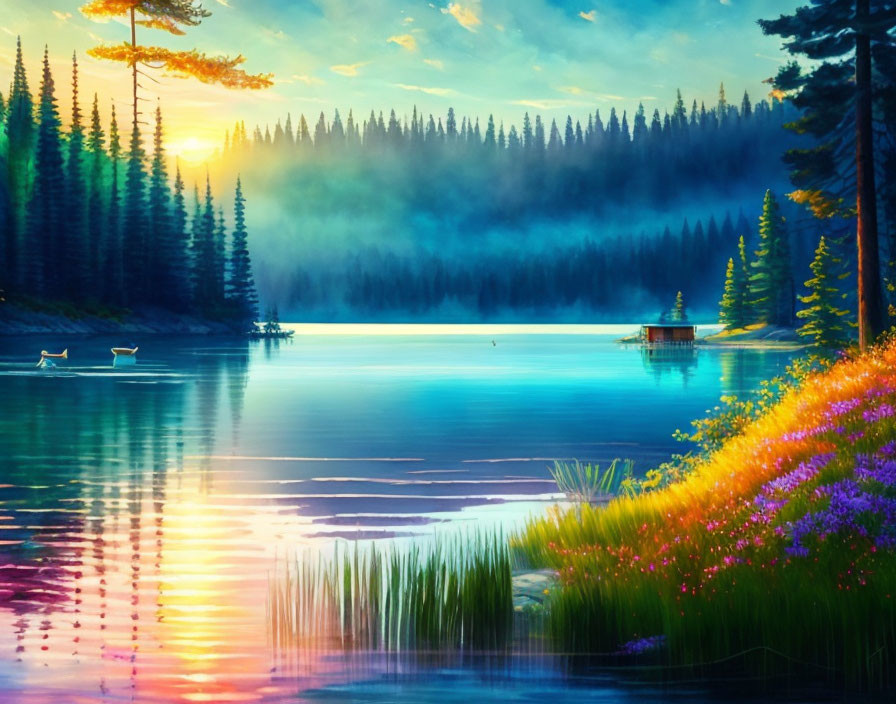 Scenic sunset lake with misty forest, colorful flowers, and rowing boats