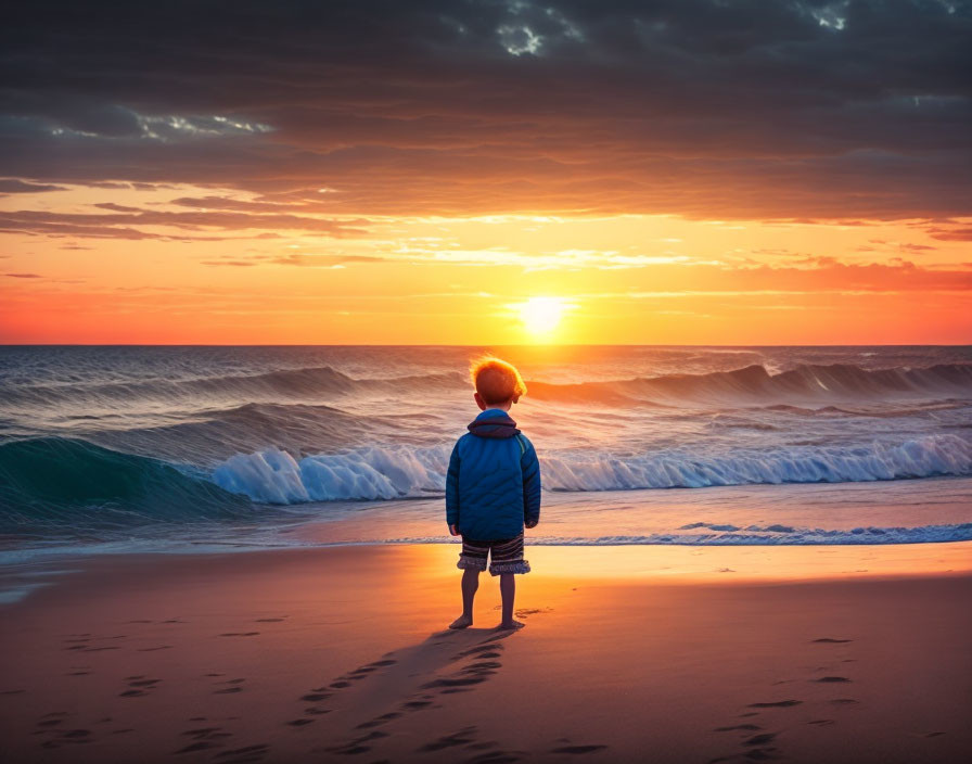 Child on Sandy Beach at Sunset with Rolling Waves and Sun Low on Horizon