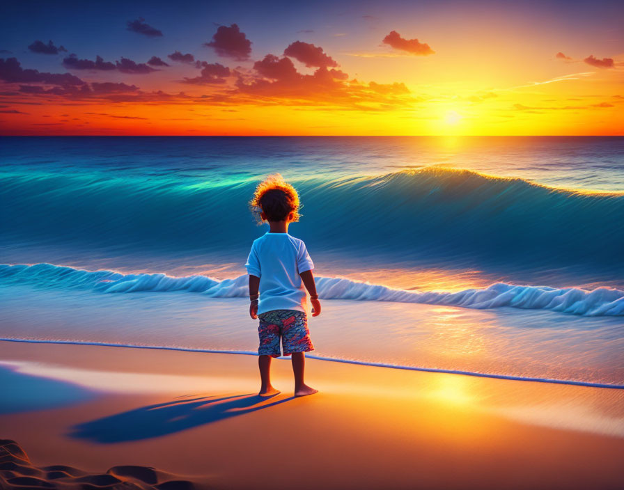 Child on Beach at Sunset with Orange and Blue Sky and Sea