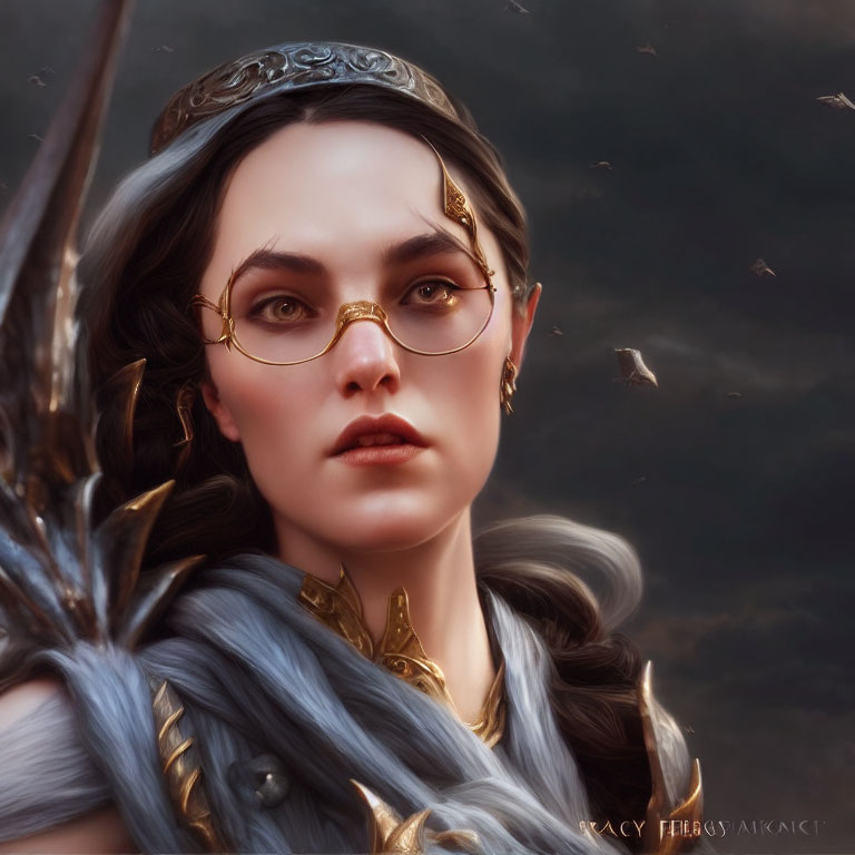 Regal woman digital portrait with tiara, glasses, and shoulder armor.